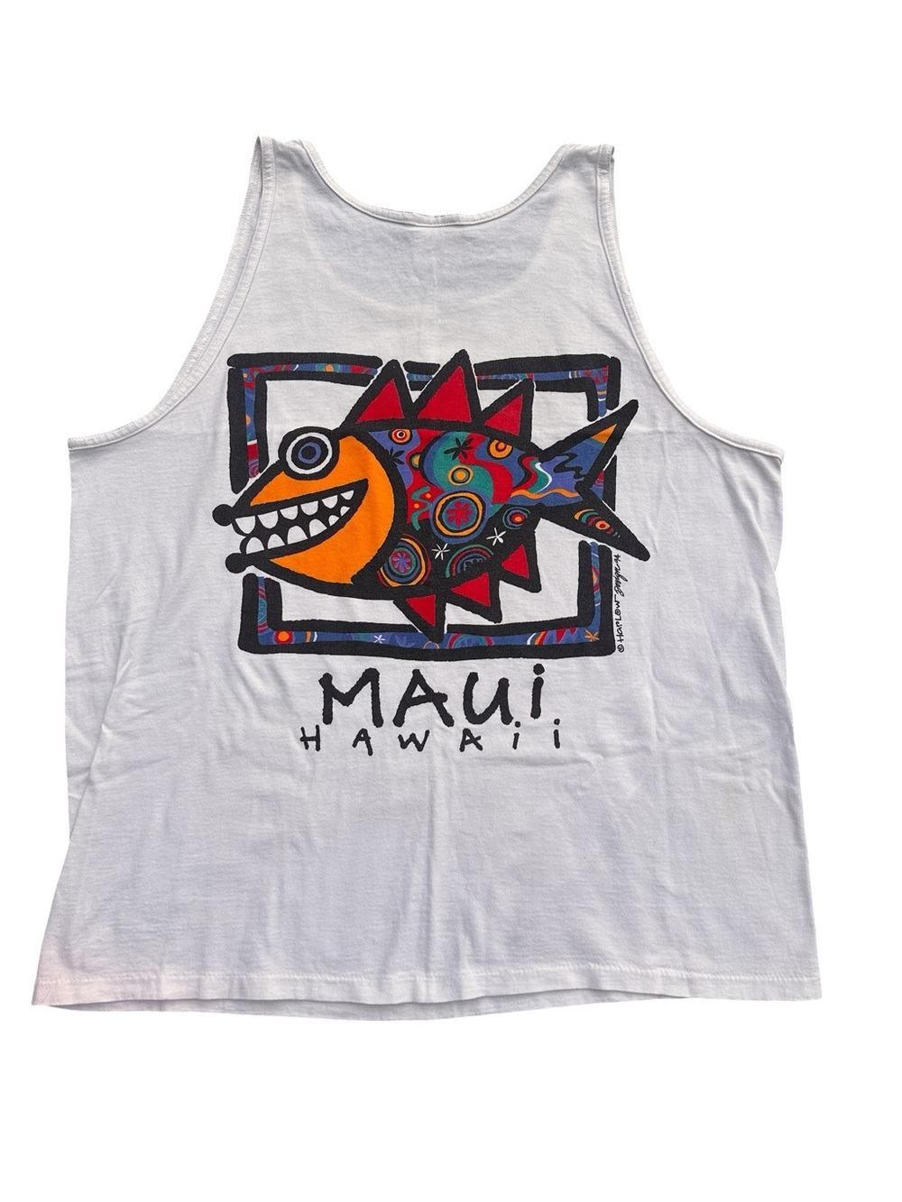 VTG 90s Oneita Maui HAWAII Fish Harlow Design 94 Beach White Tank Top Mens L USA